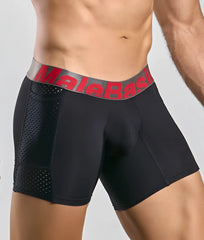 MaleBasics Titanium pocket boxer brief in black with gray waistband red lettering and perforated mesh side panels