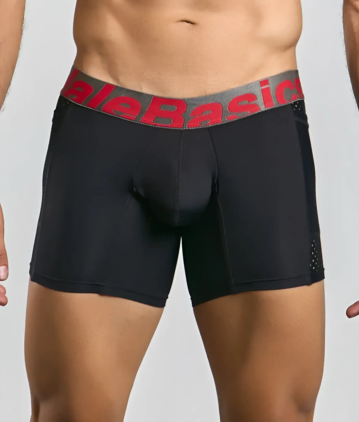 Black men’s boxer briefs with gray waistband and red alebasics branding featuring perforated side panels