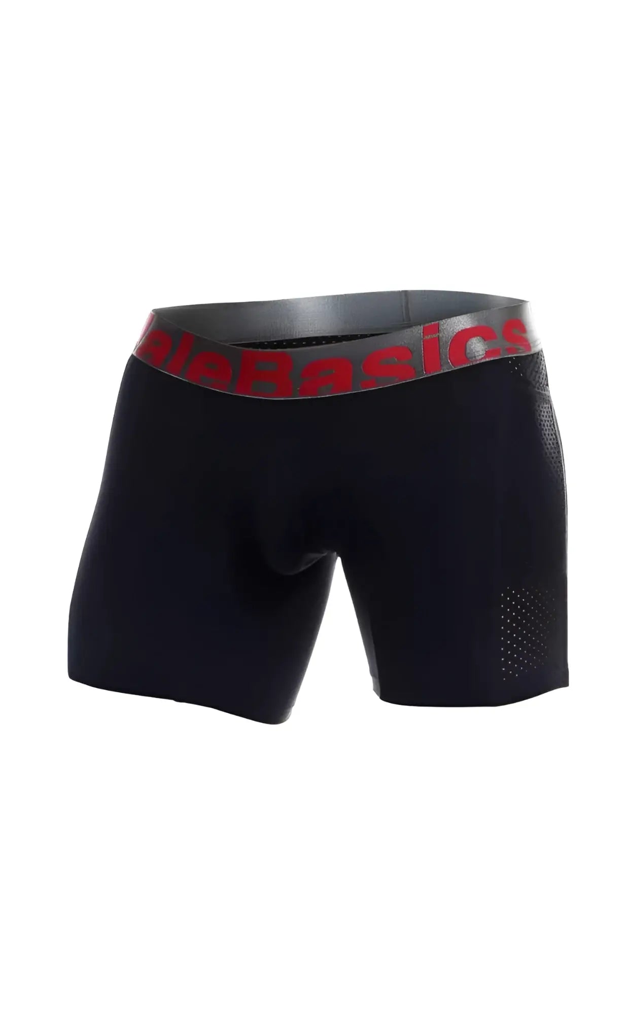 Black men’s boxer briefs with a red and gray waistband featuring the malebasics logo in titanium pocket style