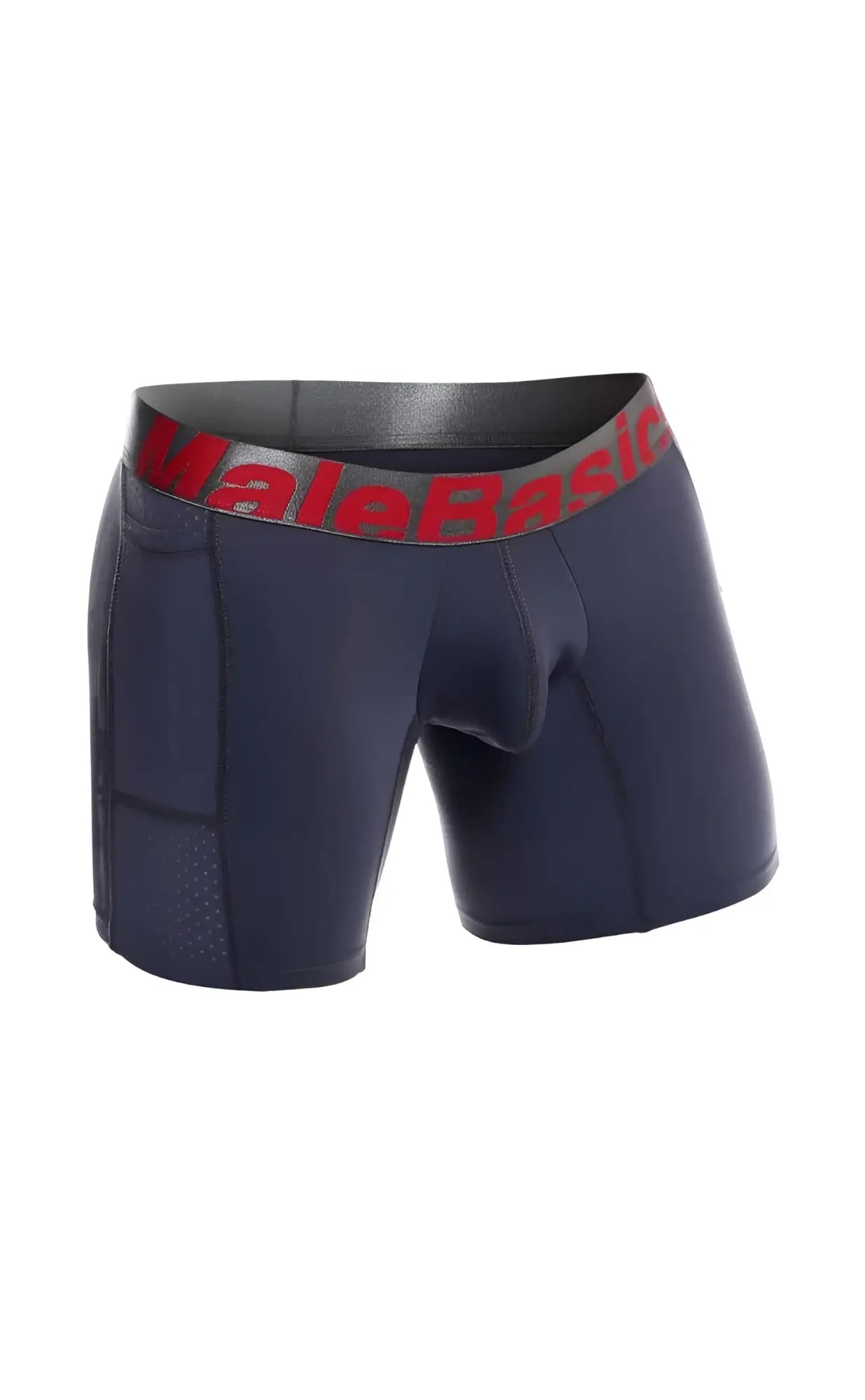MaleBasics titanium pocket boxer brief in dark navy blue with red logo band and reinforced panels for durability
