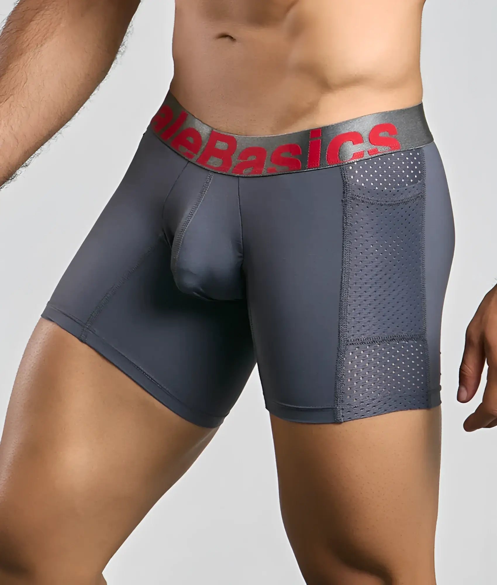 Malebasics titanium pocket boxer brief in gray with red alebasics logo and mesh paneling for athletic support