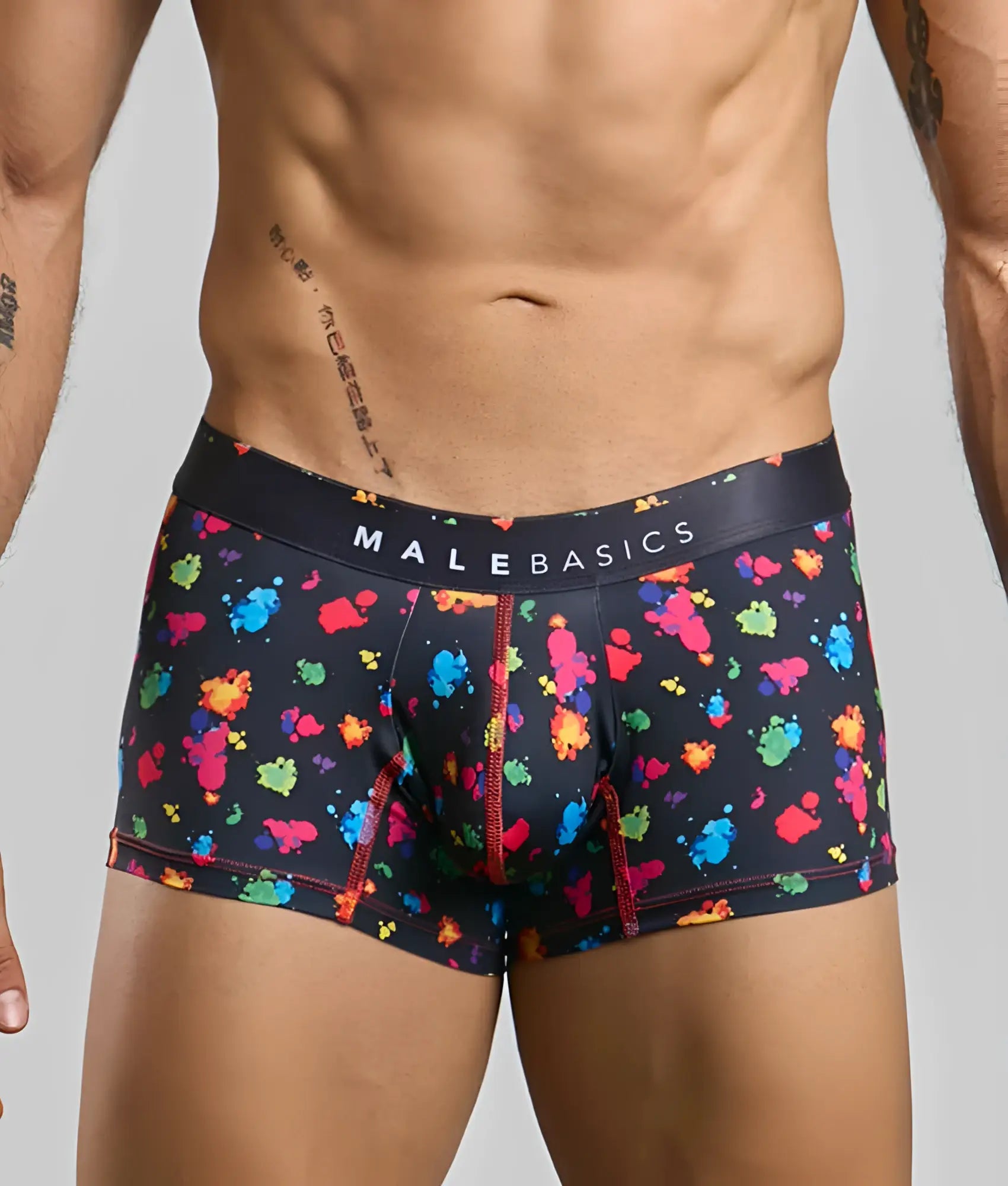 Malebasics trunk hipster black splash boxer briefs with vibrant multicolored paint splatter and red seam stitching