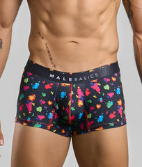 Malebasics trunk hipster black splash boxer briefs with vibrant multicolored paint splatter and red seam stitching