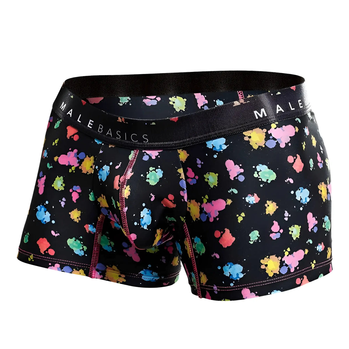 Malebasics trunk hipster boxer briefs in black with multicolored paint splatter and pink seam stitching