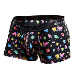 Malebasics trunk hipster black splash boxer briefs with vibrant multicolored paint splatter and pink seam stitching