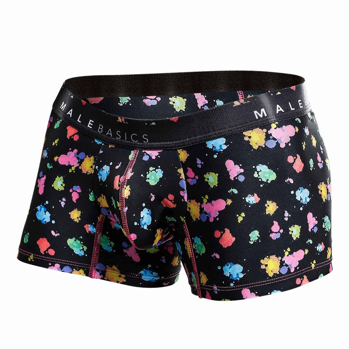 Malebasics trunk hipster black splash boxer briefs with multicolored paint splatter and pink seam stitching