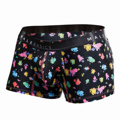 Malebasics trunk hipster black splash boxer briefs with vibrant multicolored paint splatter and pink seam stitching