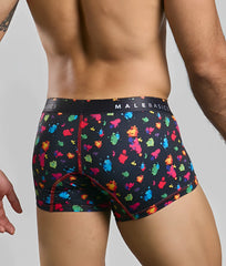 Malebasics trunk hipster black splash boxer briefs with vibrant multicolored paint splatter and red stitched seams