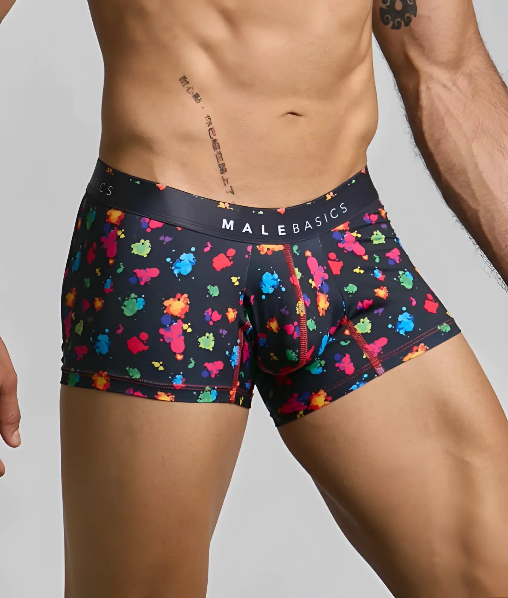 Malebasics trunk hipster black splash boxer briefs in black with vibrant multicolored paint splatter and logo waistband
