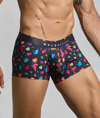 Malebasics trunk hipster black splash boxer briefs in black with vibrant multicolored paint splatter and logo waistband