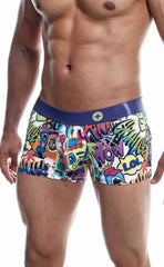 Malebasics trunk hipster comics boxer briefs with vibrant graffiti graphics and a bold purple waistband