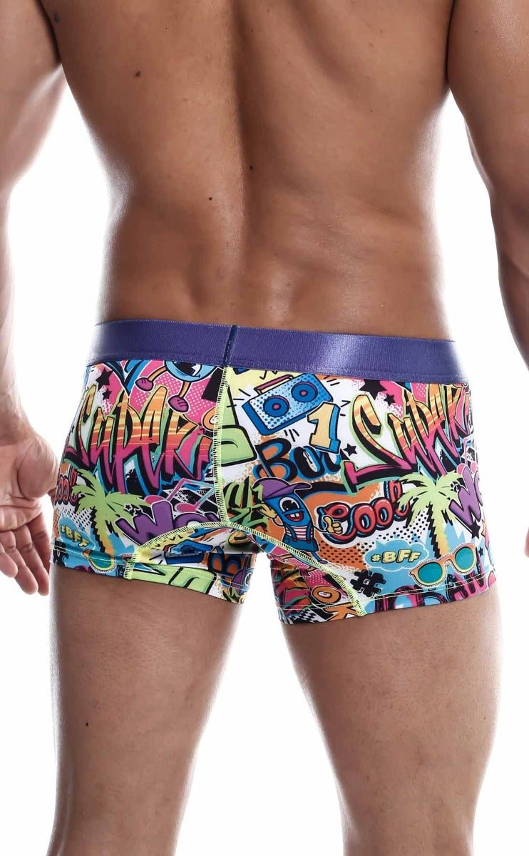 Malebasics trunk hipster comics vibrant graffiti style men’s boxer briefs with purple waistband and neon comic graphics