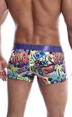 Malebasics trunk hipster comics vibrant graffiti style men’s boxer briefs with purple waistband and neon comic graphics