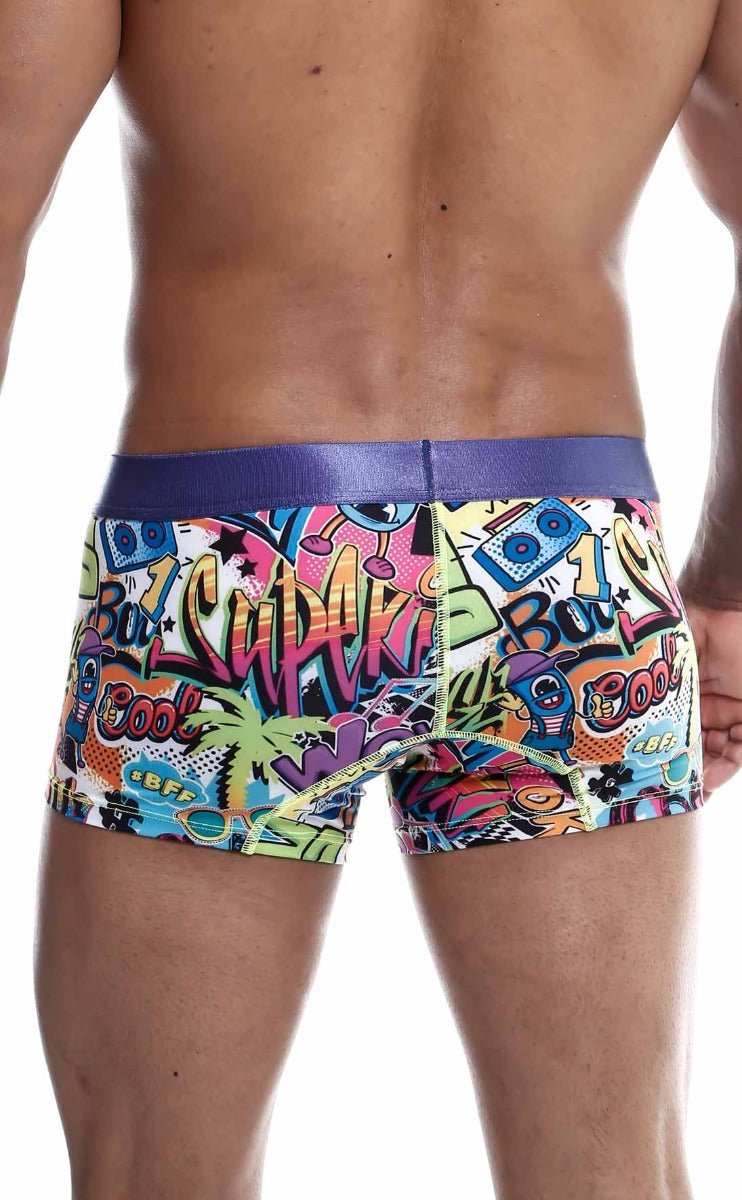 MaleBasics trunk hipster comics boxer briefs with vibrant cartoon graphics and a purple waistband