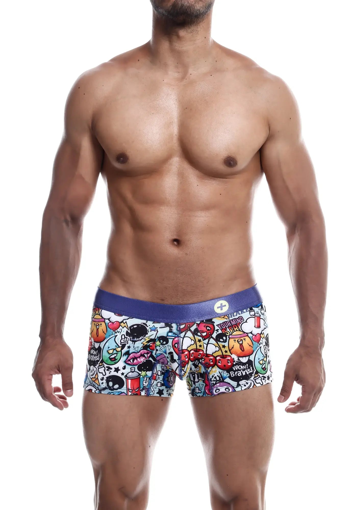 Malebasics trunk hipster comics vibrant white boxer briefs with bold multicolored skulls cherries and playful graphics