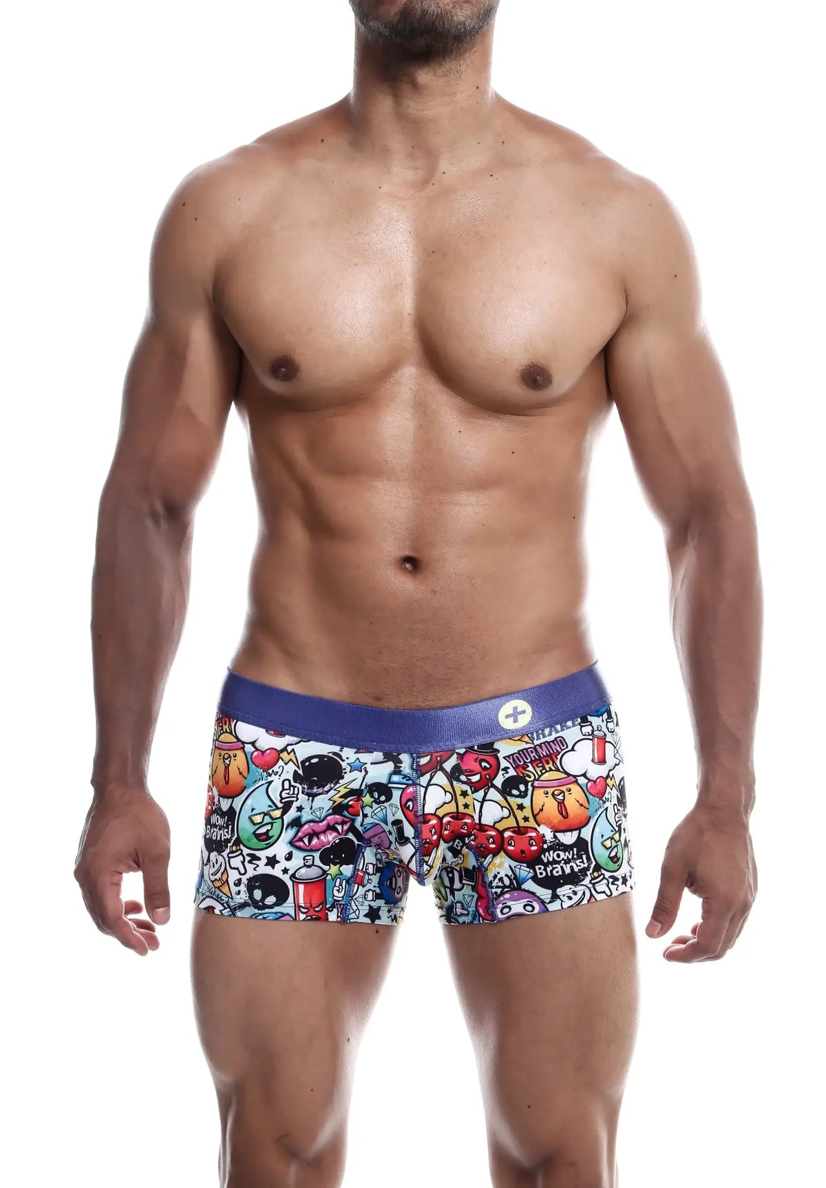 Malebasics trunk hipster comics vibrant white boxer briefs with bold multicolored skulls cherries and playful graphics