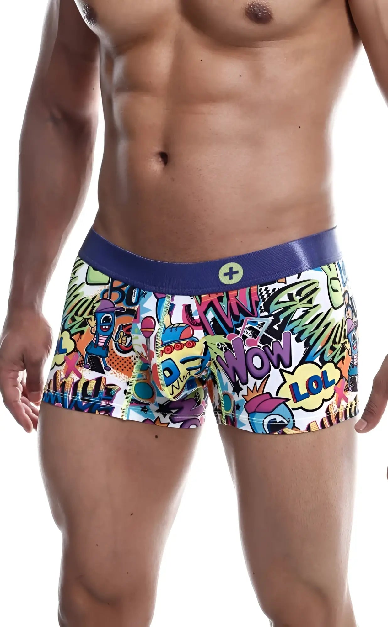 Malebasics trunk hipster comics boxer briefs with vibrant graffiti graphics and bold purple waistband for men