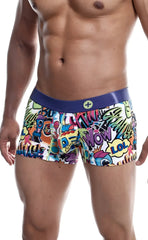 Malebasics trunk hipster comics boxer briefs with vibrant graffiti graphics and bold purple waistband for men