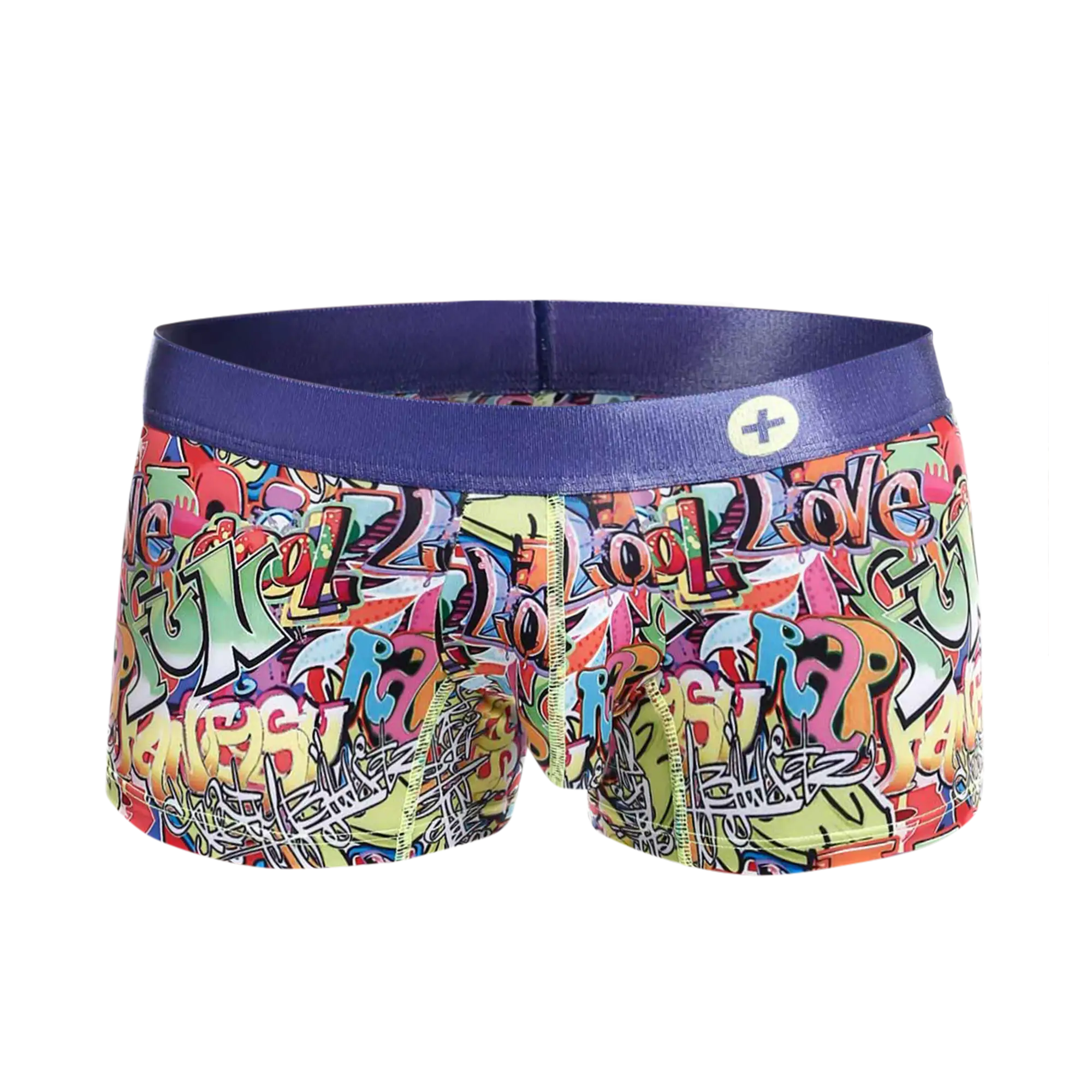 Malebasics trunk hipster comics boxer briefs with vibrant graffiti pattern and solid purple elastic waistband