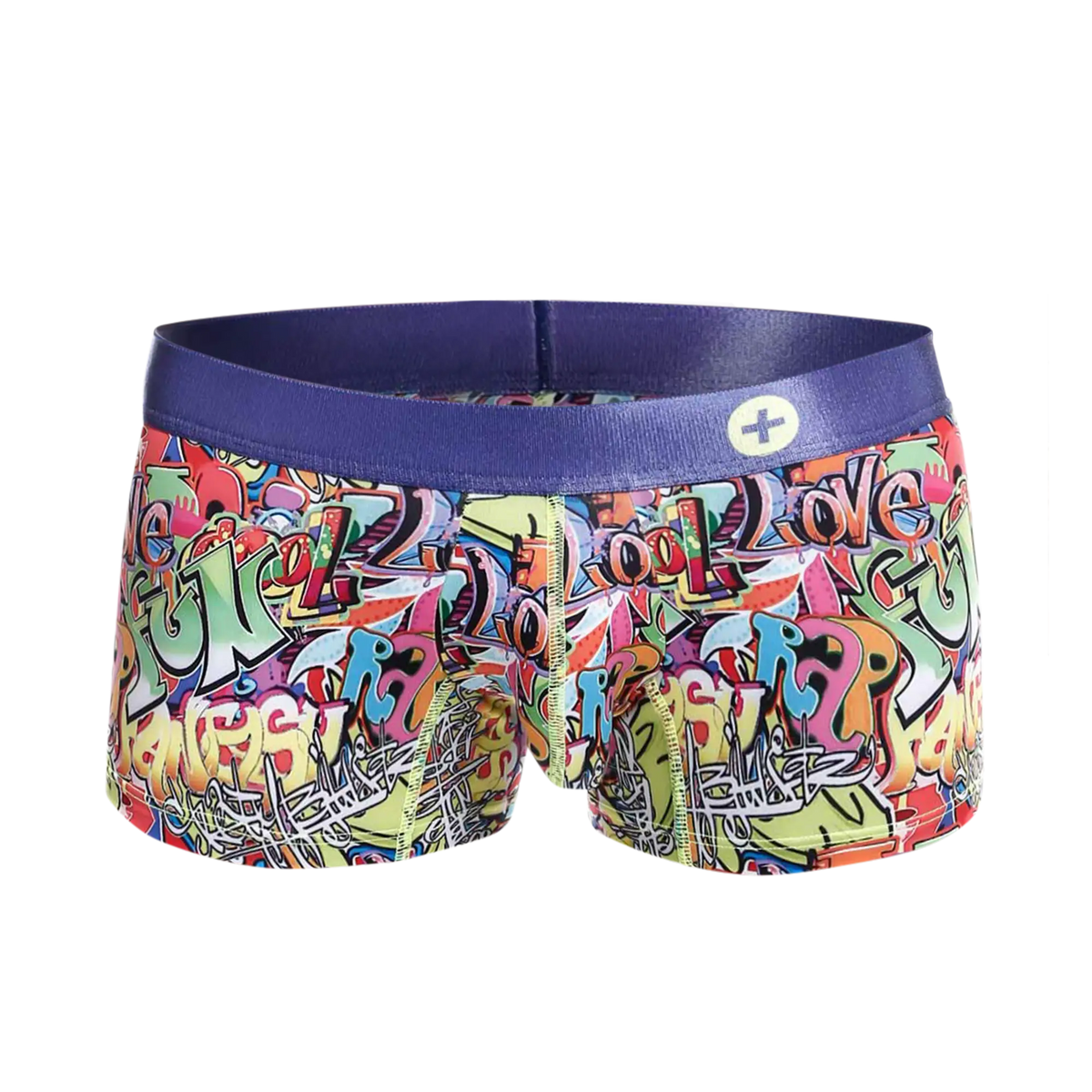 Malebasics trunk hipster comics boxer briefs with vibrant graffiti pattern and solid purple elastic waistband