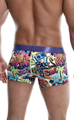 Malebasics trunk hipster comics men’s boxer briefs with vibrant comic book graphics and purple waistband