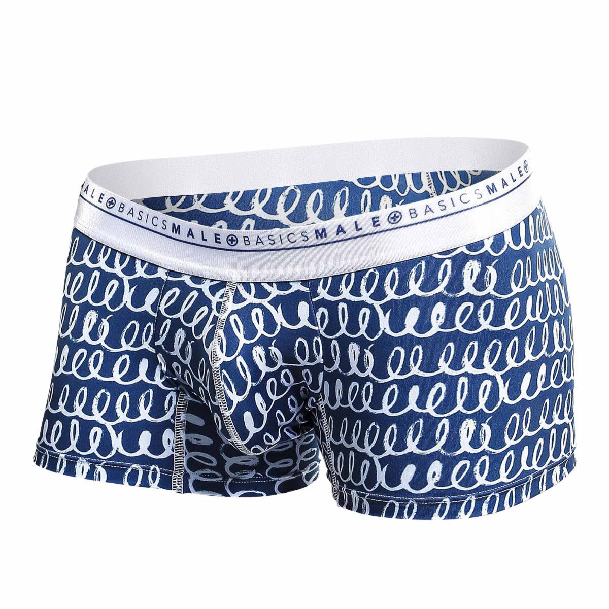 Malebasics trunk hipster crete blue and white patterned men’s boxer briefs with a repeating brushstroke design