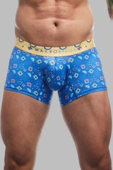 Male basics trunk hipster spectrum blue patterned men’s boxer briefs with yellow waistband for everyday comfort