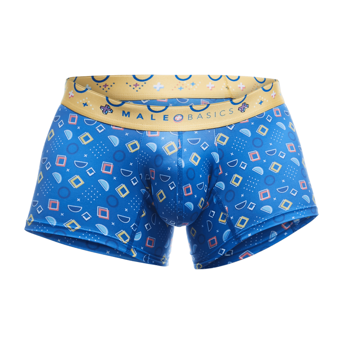 Malebasics trunk hipster spectrum blue patterned men’s boxer briefs with yellow waistband and geometric designs
