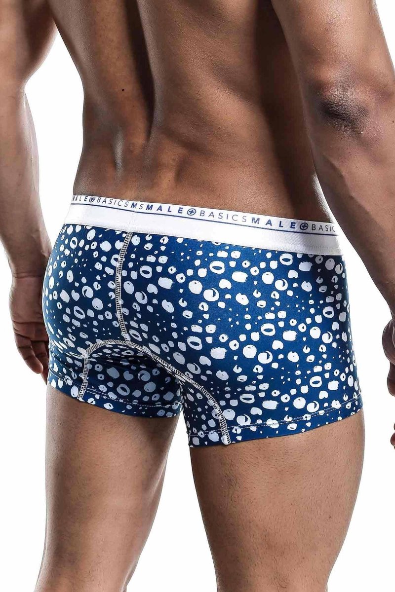 Malebasics trunk hipster paros blue and white patterned men’s boxer briefs with a repeating circular design