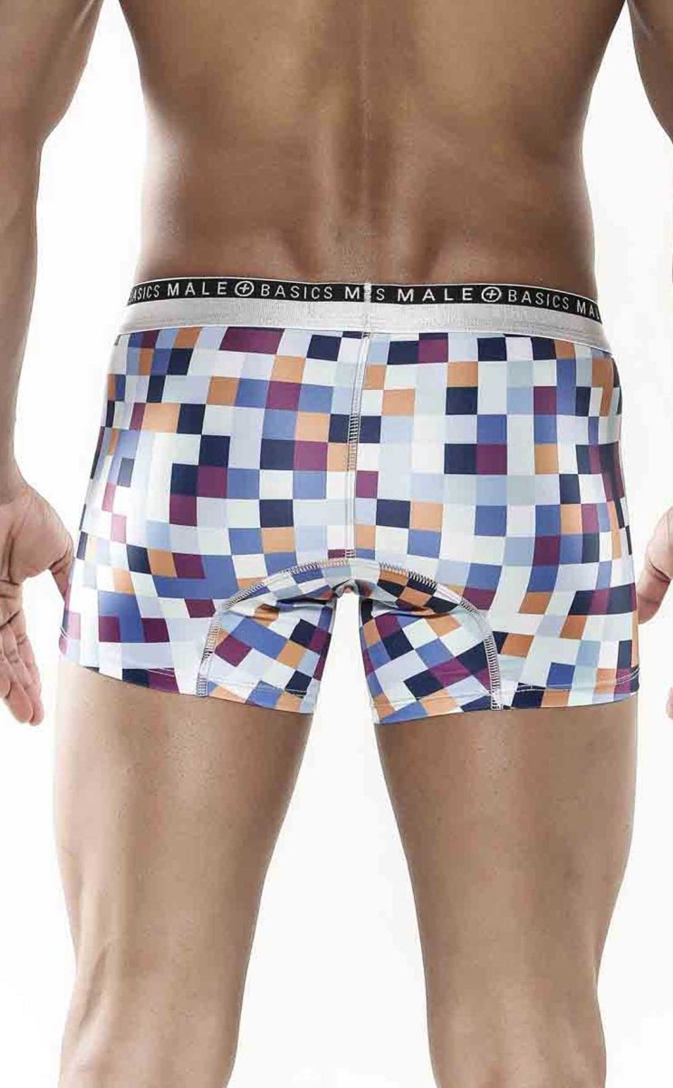 Malebasics trunk hipster pixels men’s boxer briefs with vibrant blue purple orange and white pixelated pattern and branded waistband