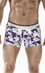 Malebasics trunk hipster pixels boxer briefs with vibrant blue orange and purple geometric pixel pattern on white base