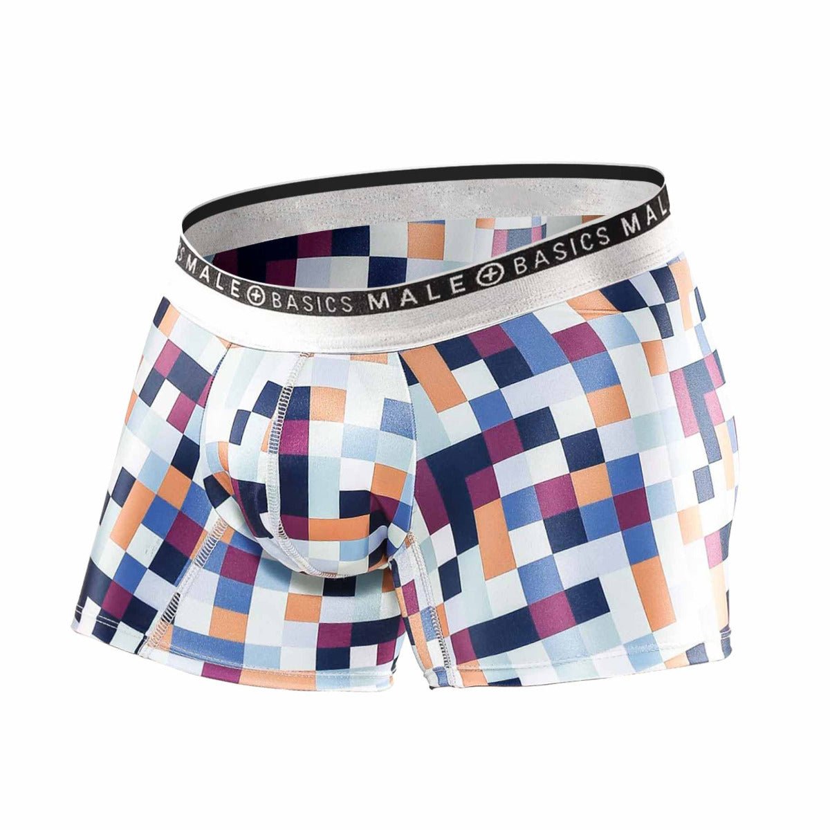 Men’s Malebasics trunk hipster pixels boxer briefs with vibrant blue orange and purple pixelated pattern and silver waistband