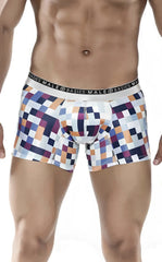 Malebasics trunk hipster pixels boxer briefs with vibrant blue orange purple geometric pixel pattern on white base