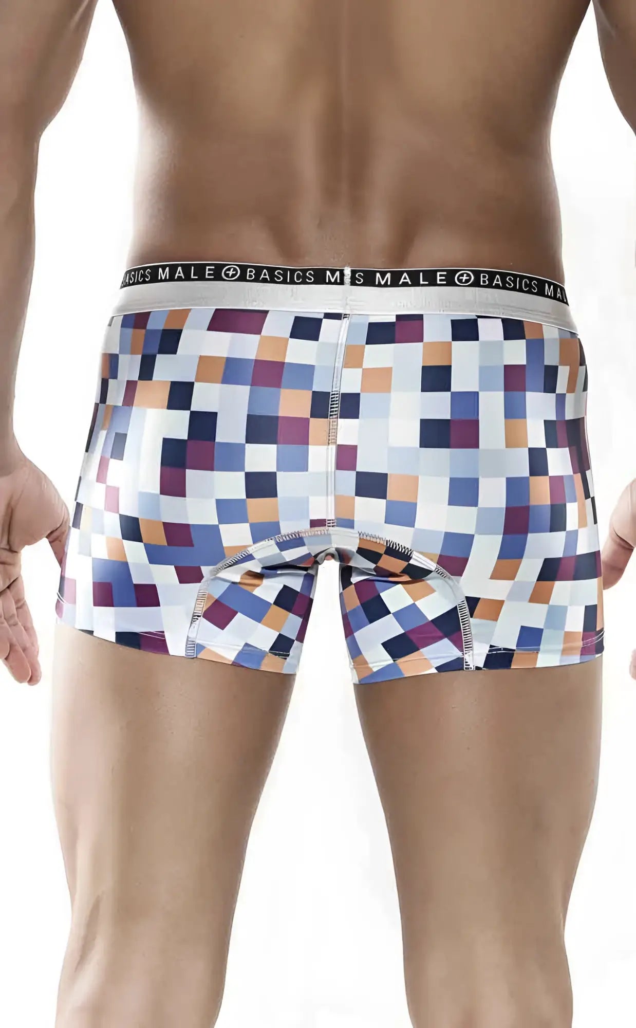 Malebasics trunk hipster pixels men’s boxer briefs with vibrant blue purple orange and white pixelated pattern and branded waistband