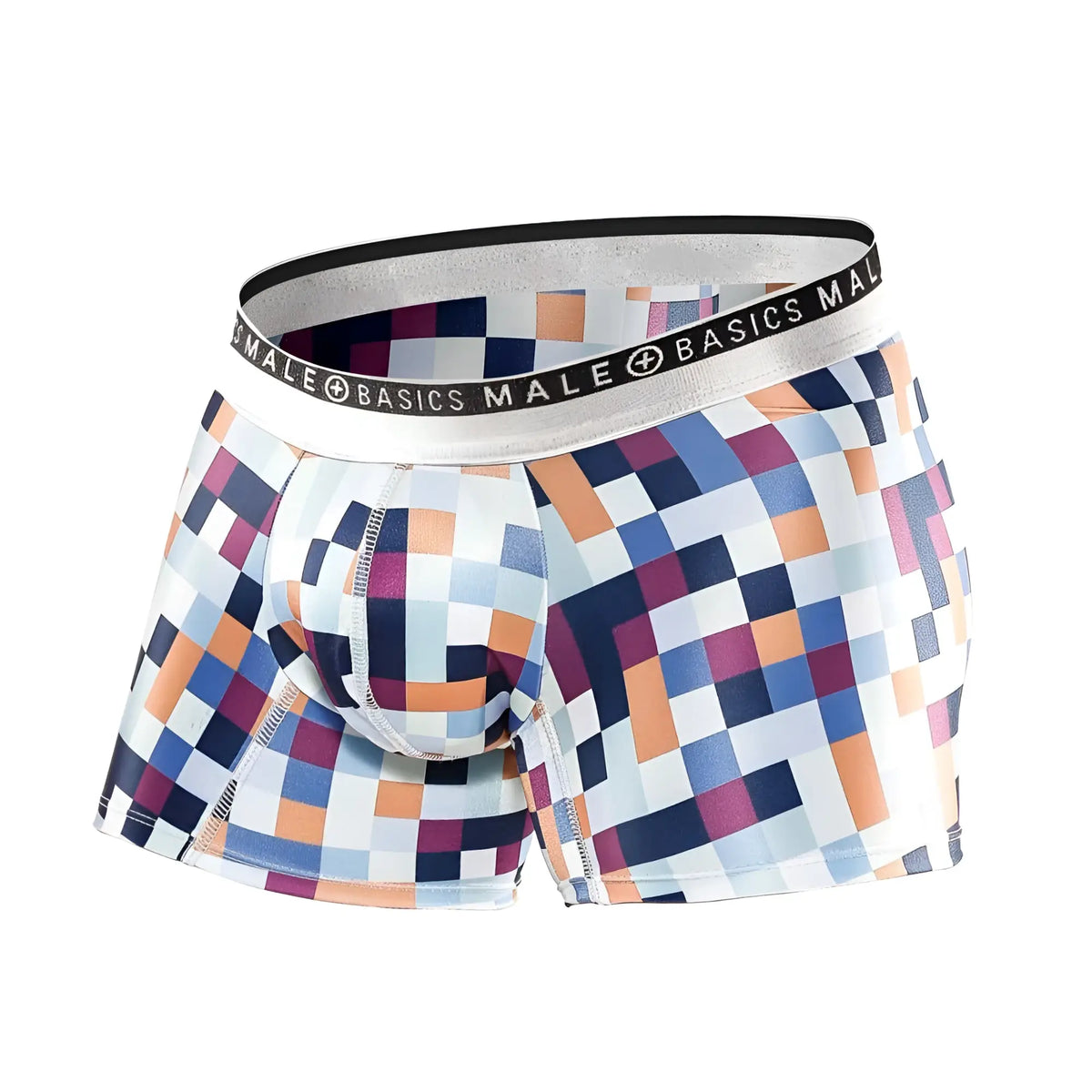 Men’s Malebasics trunk hipster boxer briefs with vibrant blue orange and purple pixelated pattern and silver waistband