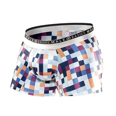 Men’s Malebasics trunk hipster boxer briefs with vibrant blue orange and purple pixelated pattern and silver waistband
