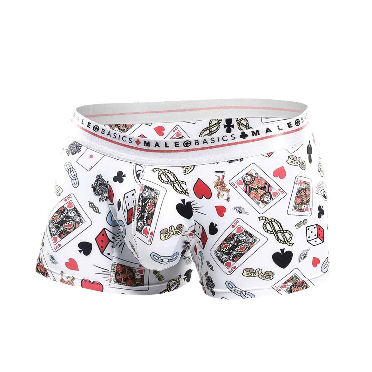 Malebasics trunk hipster poker white boxer briefs with playful red black and gold playing cards hearts spades and dice pattern