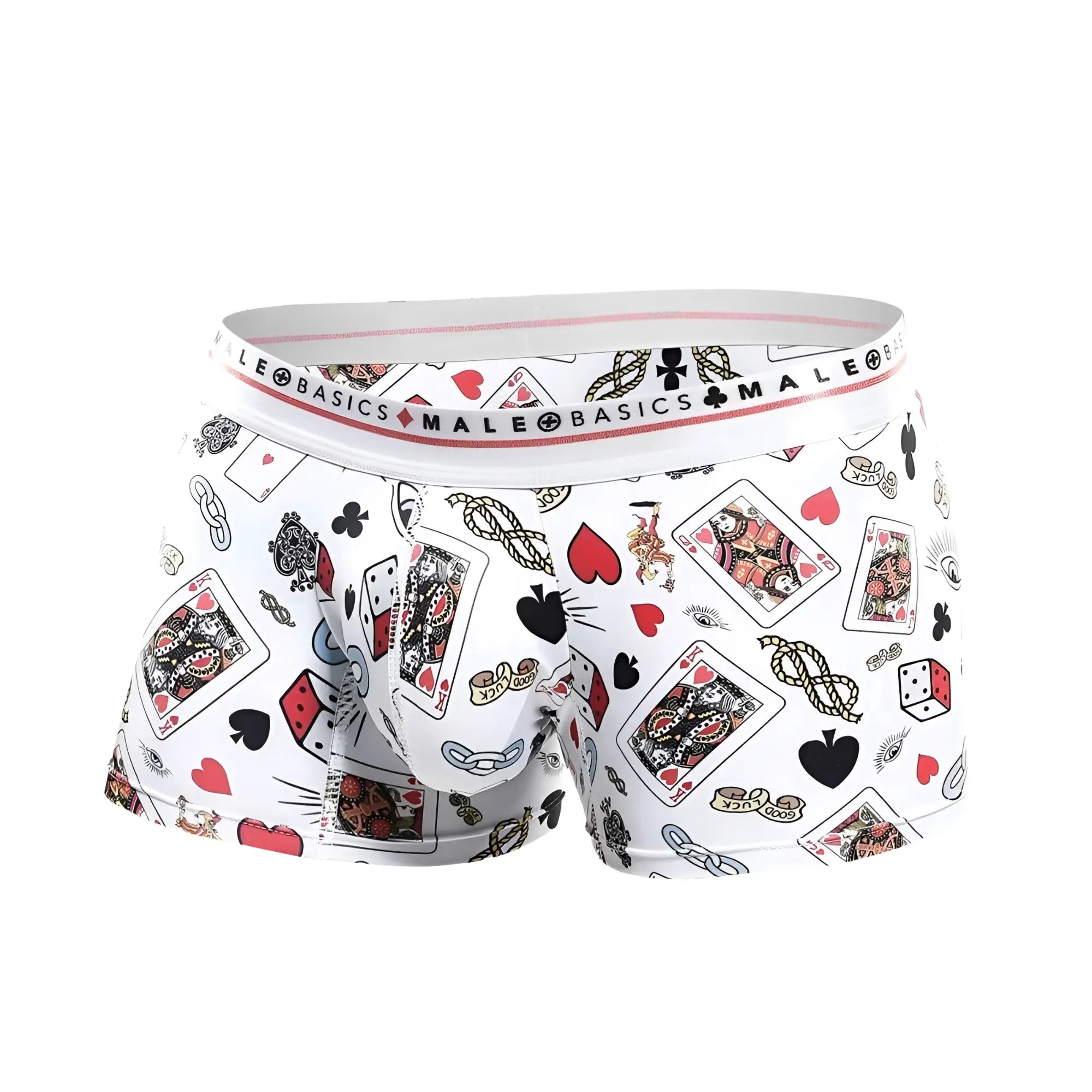 Malebasics trunk hipster poker white men’s boxer briefs with playing cards hearts spades and dice pattern in red black and gold