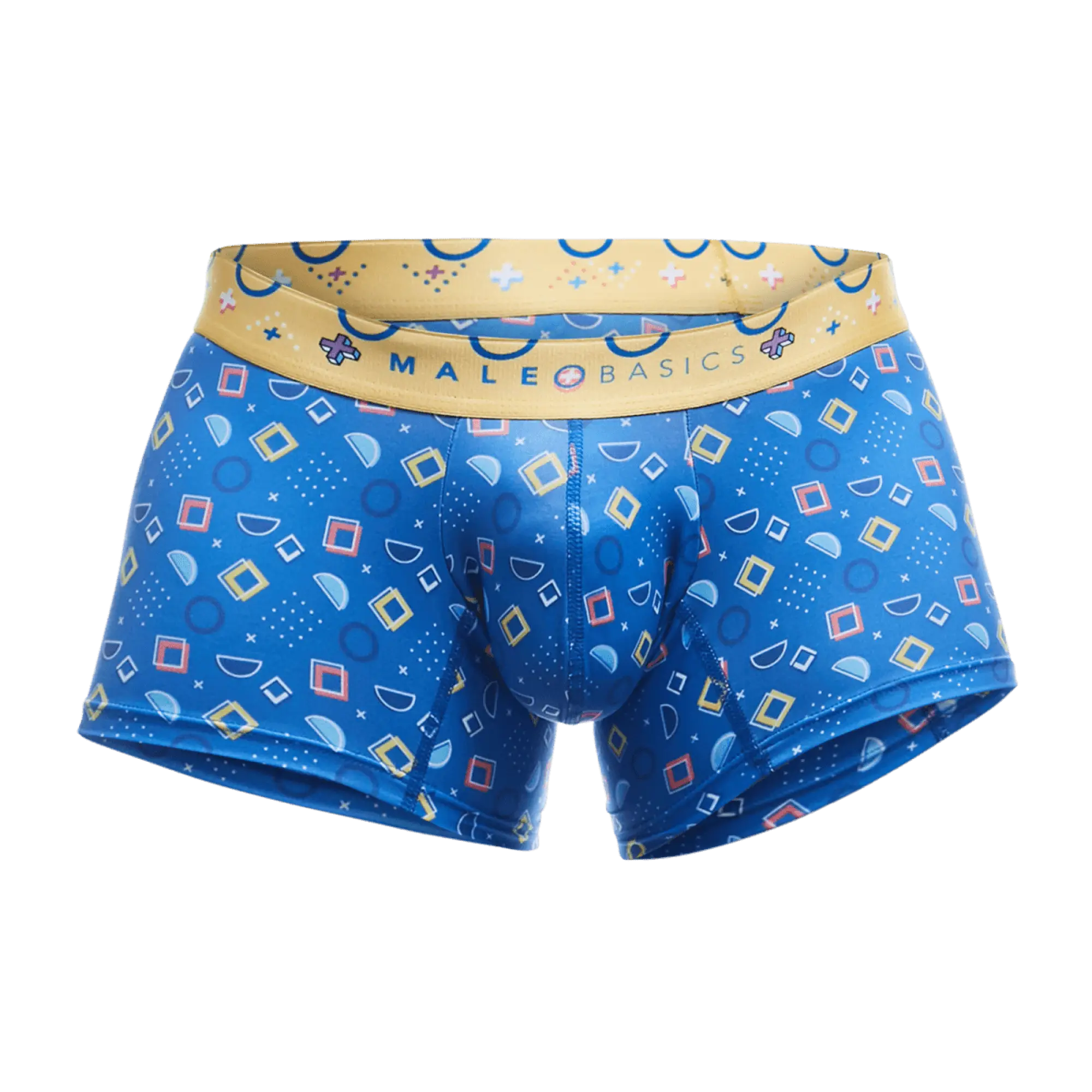 Male basics trunk hipster spectrum blue patterned men’s boxer briefs with yellow waistband and geometric designs