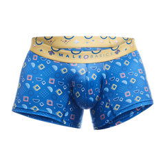 Malebasics trunk hipster spectrum blue patterned men’s boxer briefs with yellow waistband and geometric designs