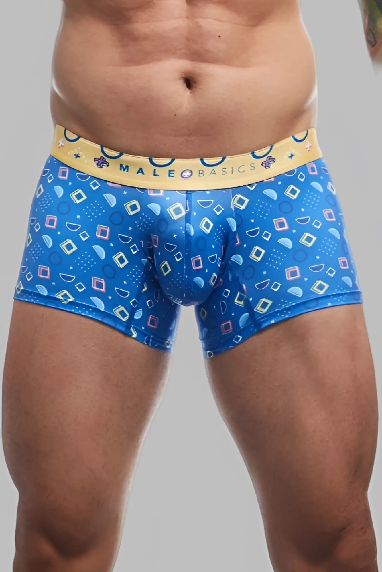 Male basics trunk hipster spectrum blue patterned men’s boxer briefs with yellow waistband for everyday comfort