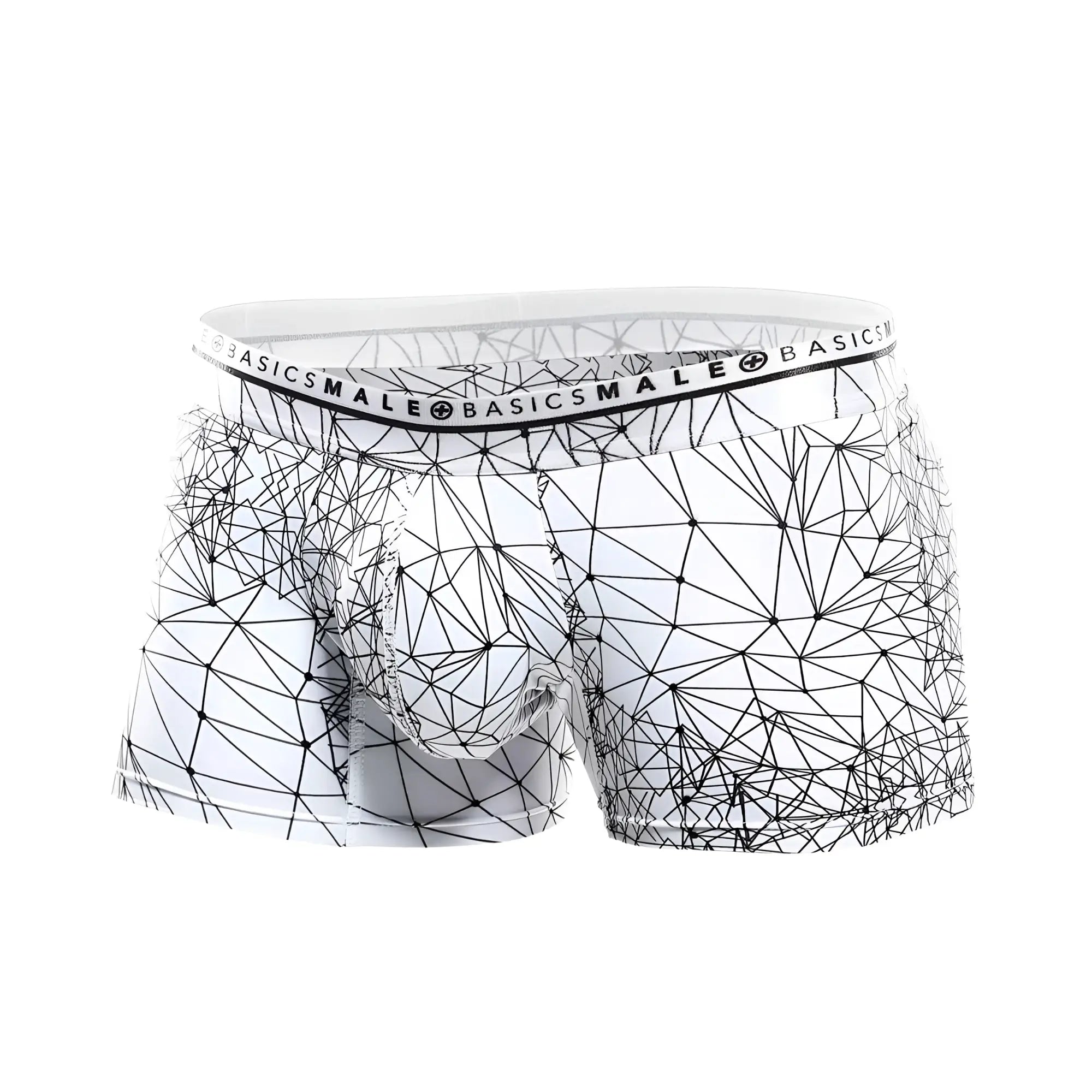 White malebasics trunk hipster boxer briefs with bold black geometric line pattern on soft fabric