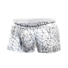 White malebasics trunk hipster boxer briefs with bold black geometric line pattern on soft fabric
