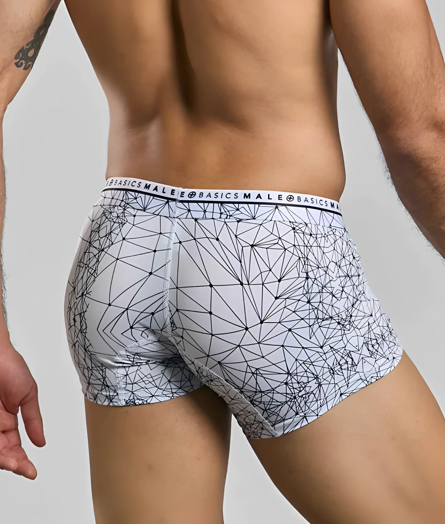 White Malebasics trunk hipster spider boxer briefs with black geometric line pattern and branded waistband