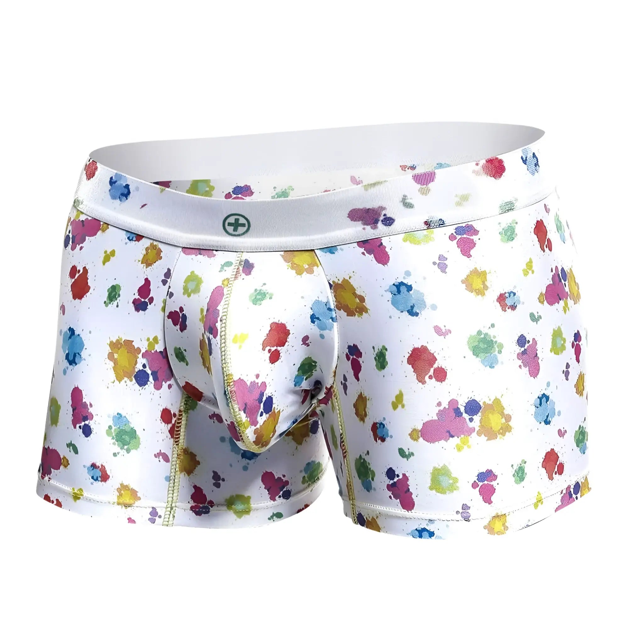 White boxer briefs by malebasics trunk hipster white splash with vibrant multicolored paint splatter pattern
