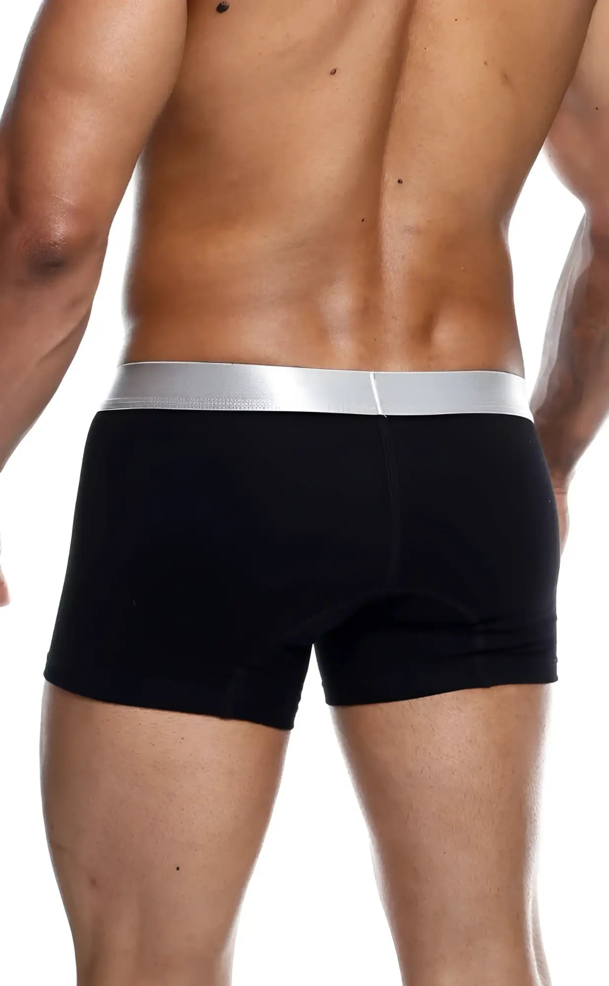 Black briefs with shiny silver waistband made from pima cotton by malebasics trunk style front view