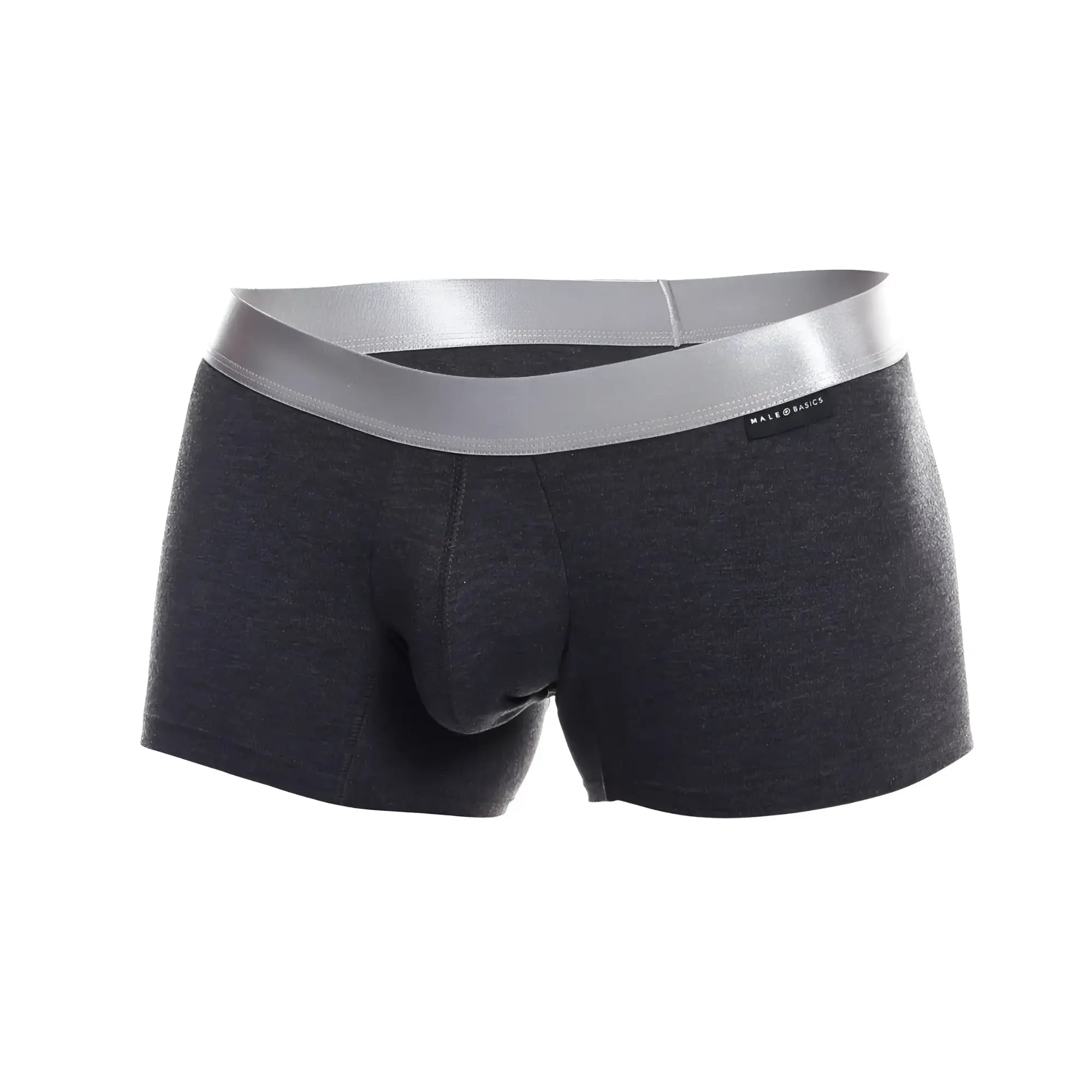 Dark gray heathered men’s trunk pima boxer briefs with silver waistband and male & basics brand label