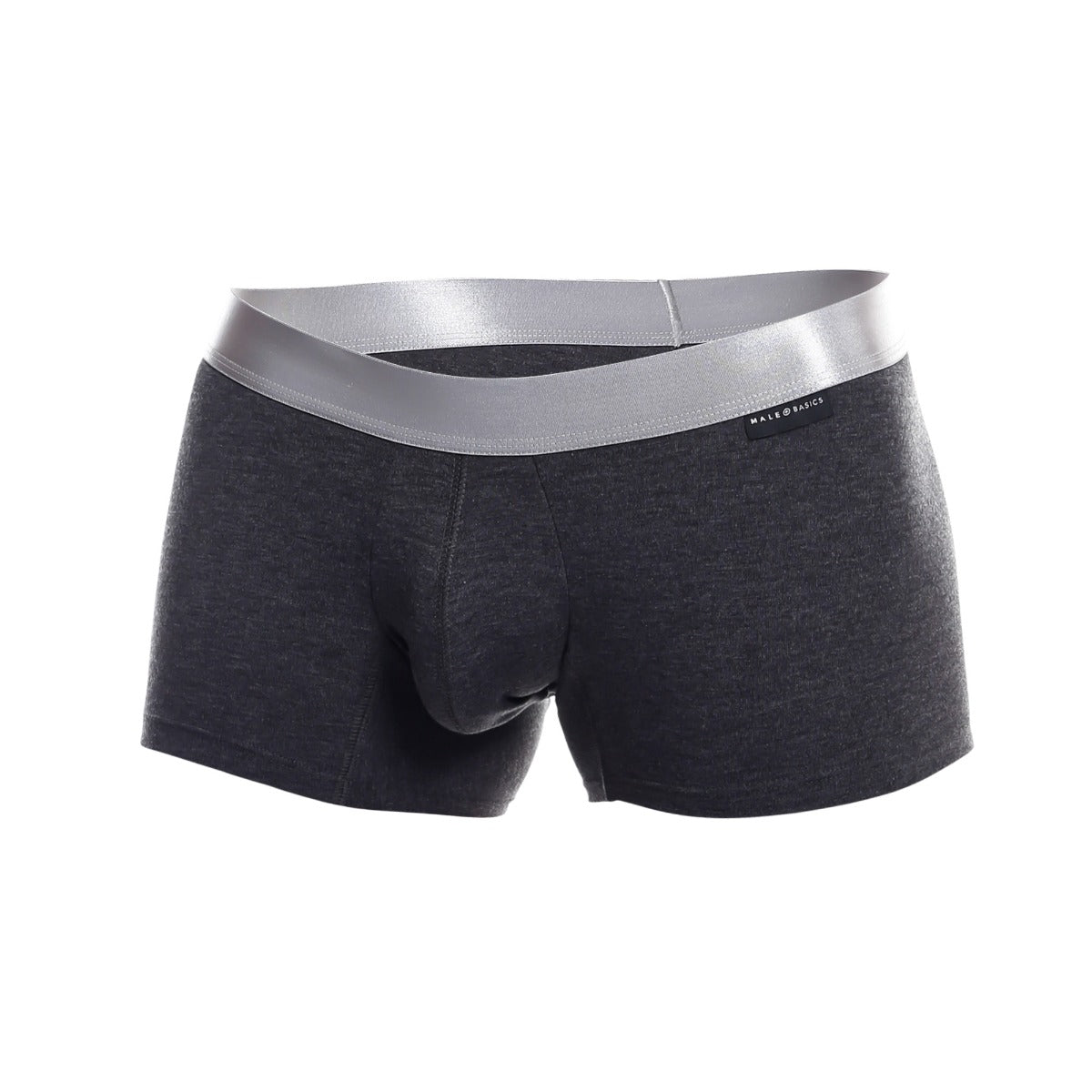 Dark gray heathered men’s boxer briefs with sleek silver waistband made from pima cotton by male basics