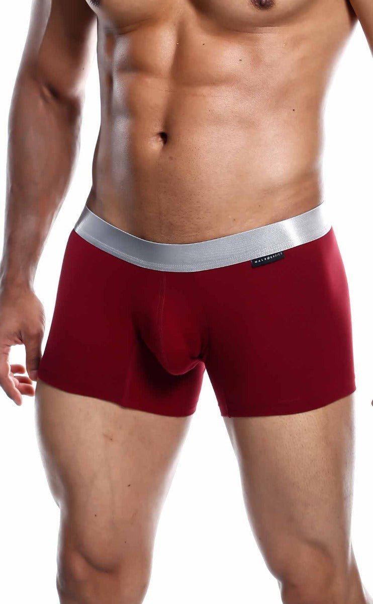 Red men’s boxer briefs with silver elastic waistband made from pima cotton by malebasics trunk pima