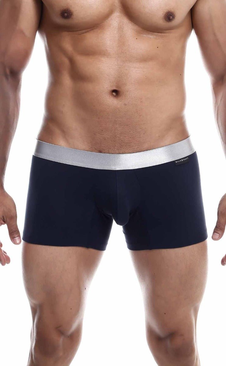 Navy blue malebasics trunk pima boxer briefs with silver elastic waistband made from soft pima cotton